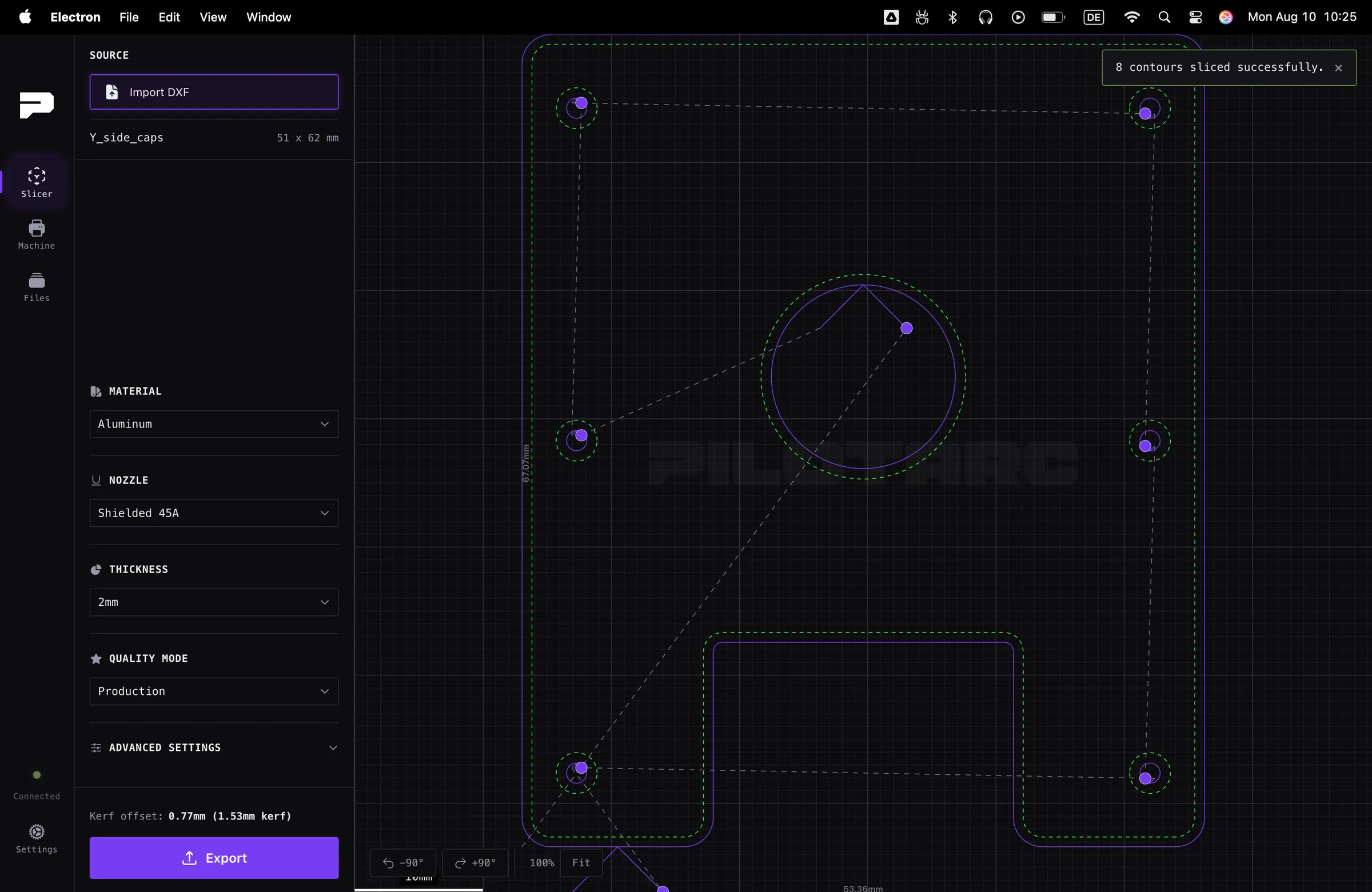 The Pilotarc slicer: a DXF part with material, nozzle and thickness set, and the computed kerf offset