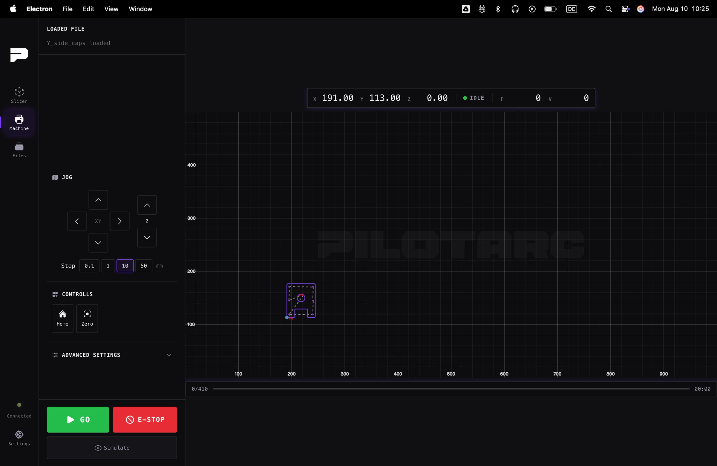 The Pilotarc machine screen: jog controls, live coordinates and the loaded toolpath on the bed
